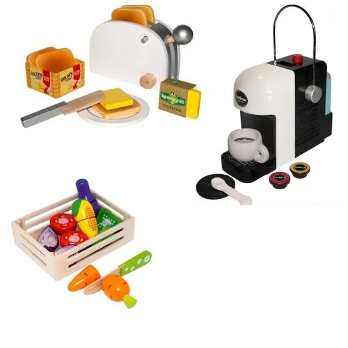 Kinderküche Zubehör Set mit Spiellebensmittel, Toaster & Espresso Maschine